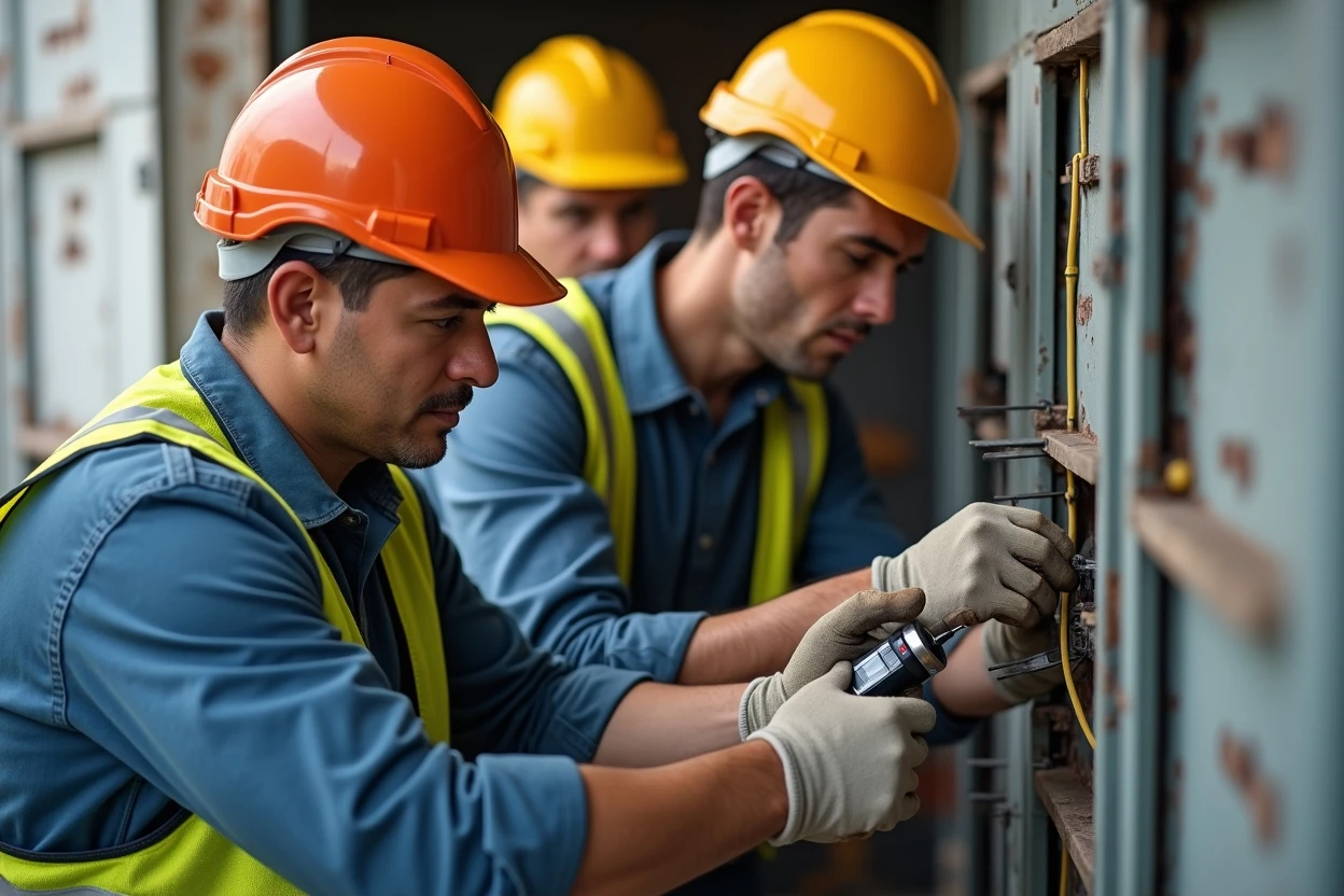 Técnicos revisando un tablero eléctrico rotulado